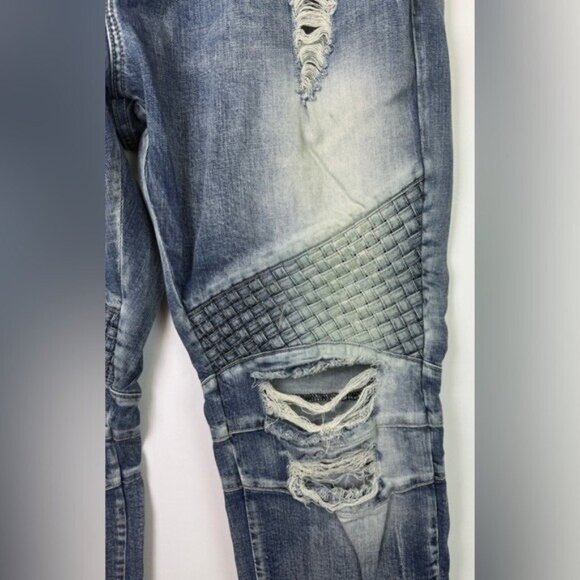 EMBELLISH Turkish Biker Denim Blue Wash Jeans Distressed Basket Weave Sz 38X34 - Picture 5 of 12